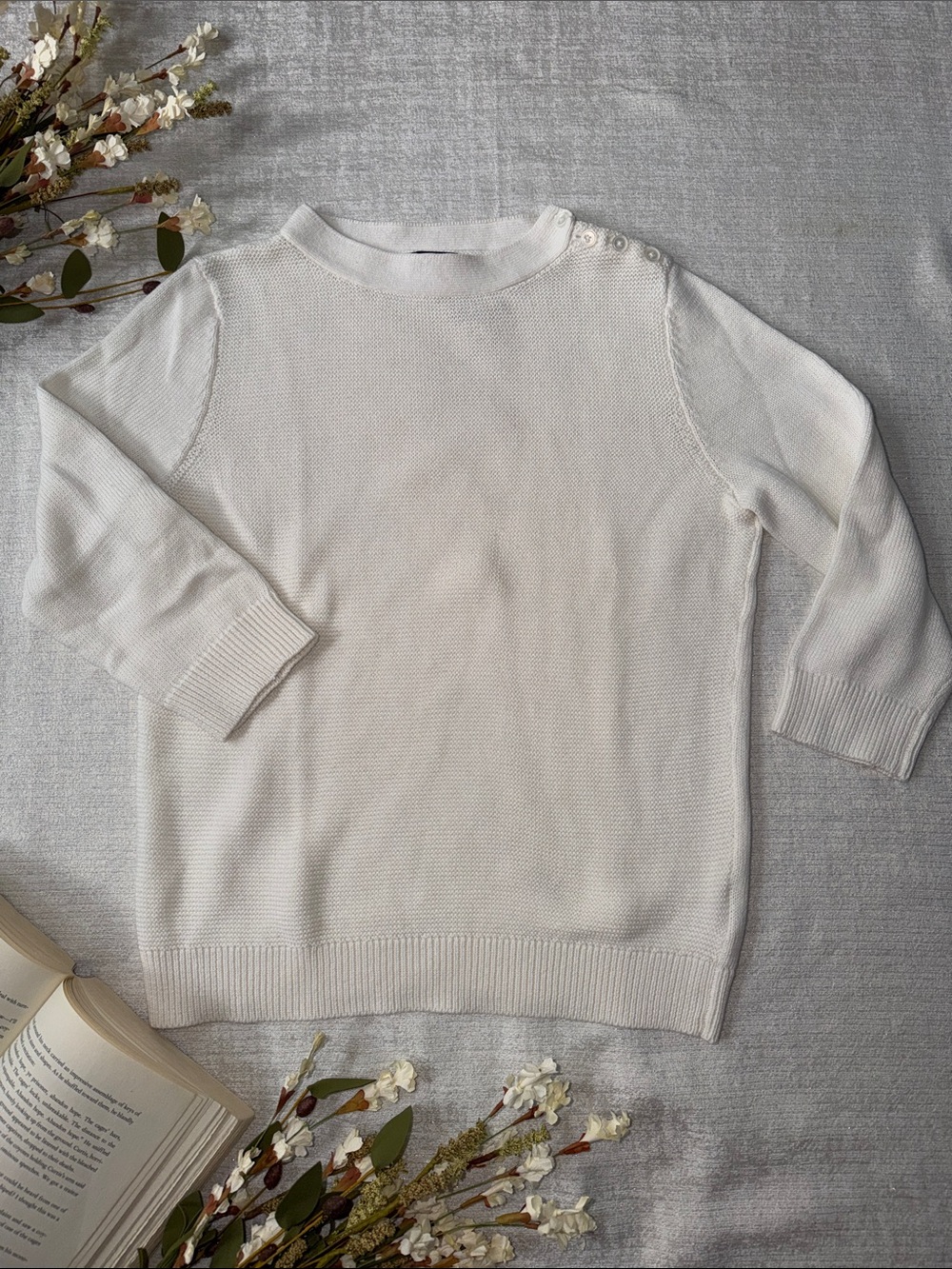 Talbots Cream Button-Shoulder Crewneck Sweater NWT L petite
